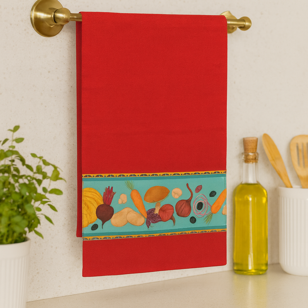 Kits de 3 Panos de Prato, 100% Algodão Vermelho Barrado de Verduras e Legumes, 70X40 cm - Doca Express