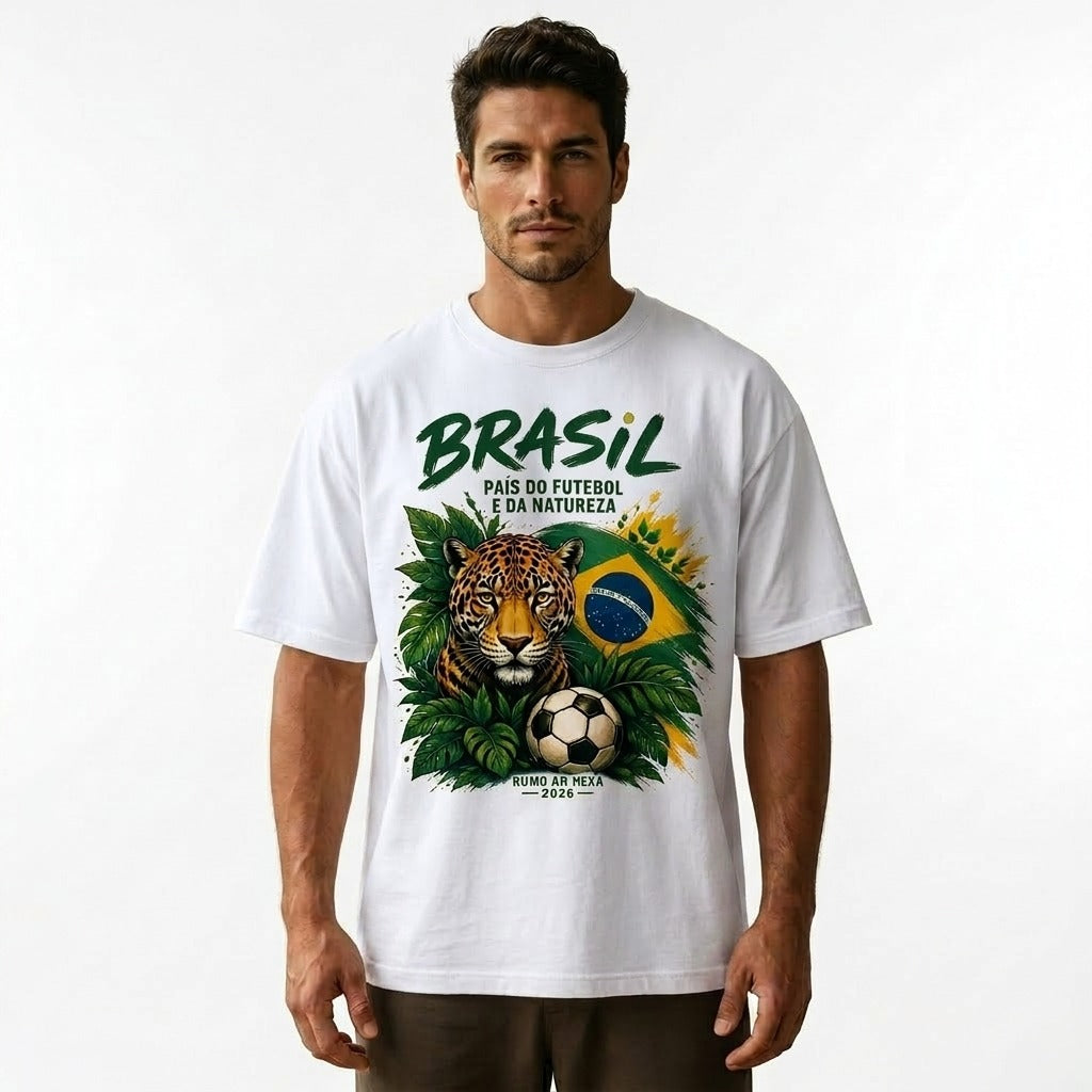 Camiseta Masculina Brasil Natureza Onça Branca 100% Algodão Estampa Exclusiva – Doca Express