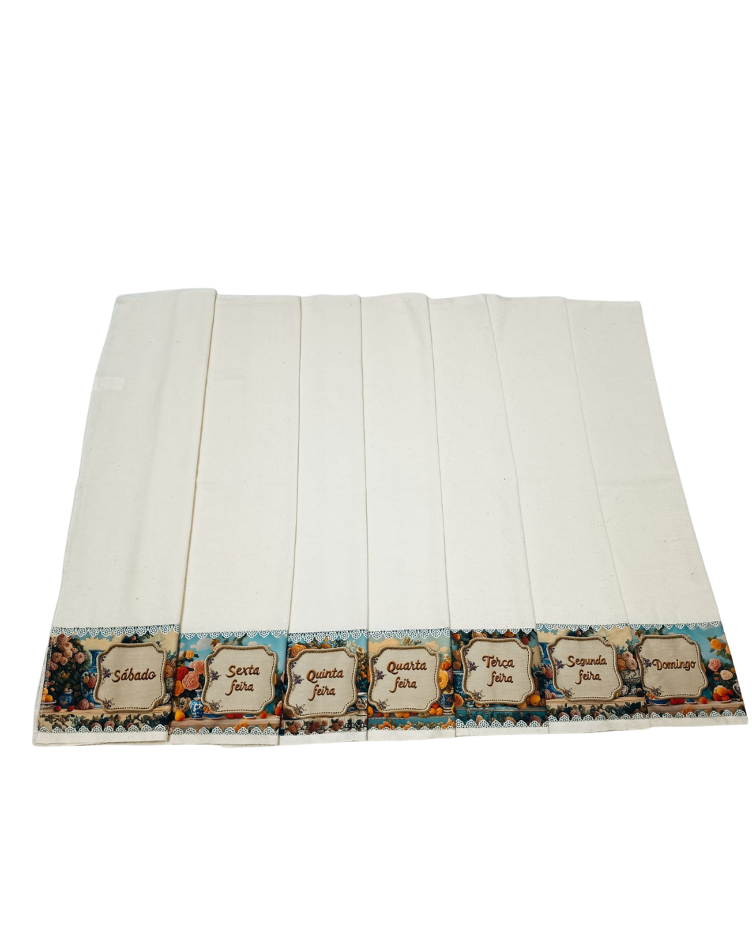 Kit Panos de Prato 7 Dias da Semana – Organização - 100 % Algodão - Barrado Estampa Digital Vintage - Charme e Praticidade na Sua Cozinha Gourmet - Doca Express