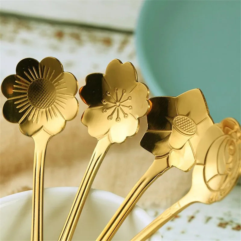 8 peças de aço inoxidável flor de cereja rosa colher de café colher de ouro presentes cozinha sobremesa chá acessórios talheres conjunto de decoração