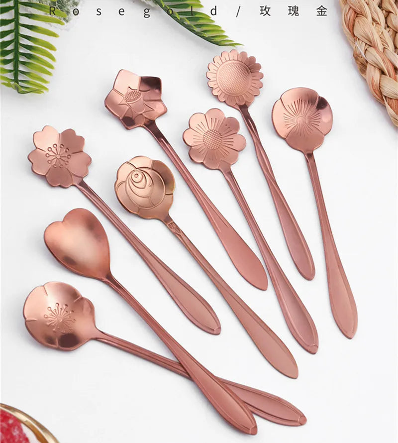8 peças de aço inoxidável flor de cereja rosa colher de café colher de ouro presentes cozinha sobremesa chá acessórios talheres conjunto de decoração