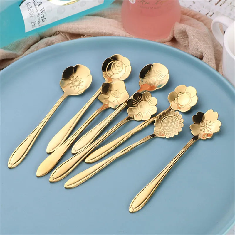 8 peças de aço inoxidável flor de cereja rosa colher de café colher de ouro presentes cozinha sobremesa chá acessórios talheres conjunto de decoração