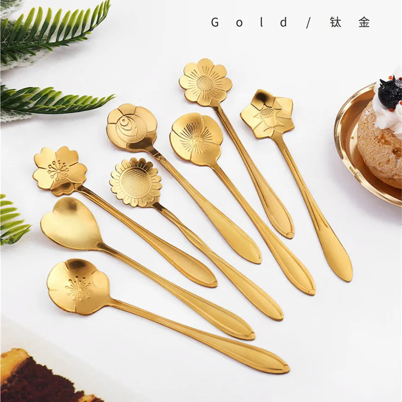 8 peças de aço inoxidável flor de cereja rosa colher de café colher de ouro presentes cozinha sobremesa chá acessórios talheres conjunto de decoração