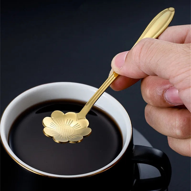 8 peças de aço inoxidável flor de cereja rosa colher de café colher de ouro presentes cozinha sobremesa chá acessórios talheres conjunto de decoração