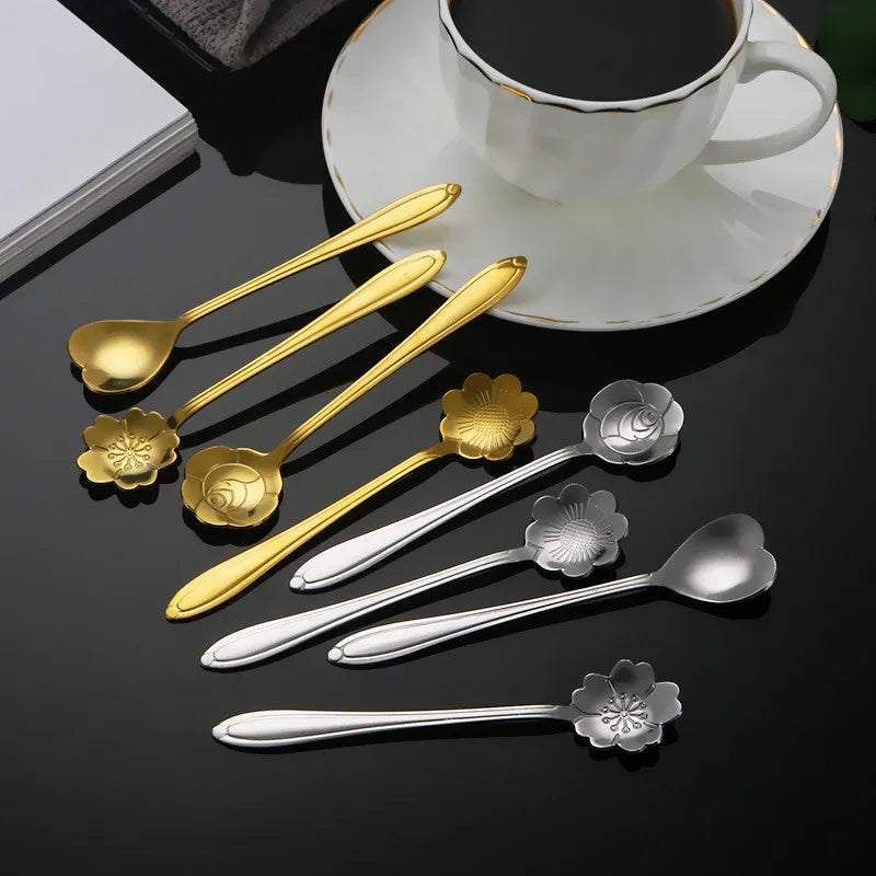 8 peças de aço inoxidável flor de cereja rosa colher de café colher de ouro presentes cozinha sobremesa chá acessórios talheres conjunto de decoração