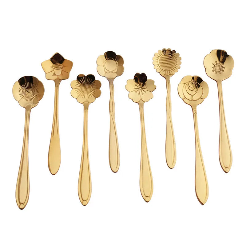 8 peças de aço inoxidável flor de cereja rosa colher de café colher de ouro presentes cozinha sobremesa chá acessórios talheres conjunto de decoração