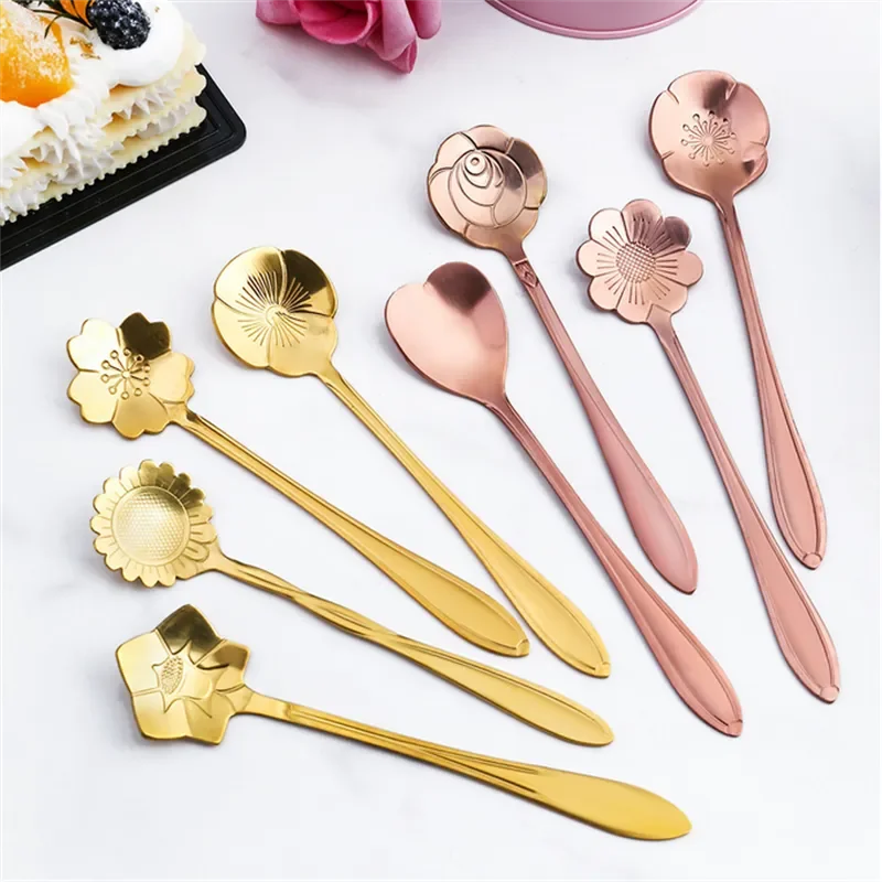 8 peças de aço inoxidável flor de cereja rosa colher de café colher de ouro presentes cozinha sobremesa chá acessórios talheres conjunto de decoração
