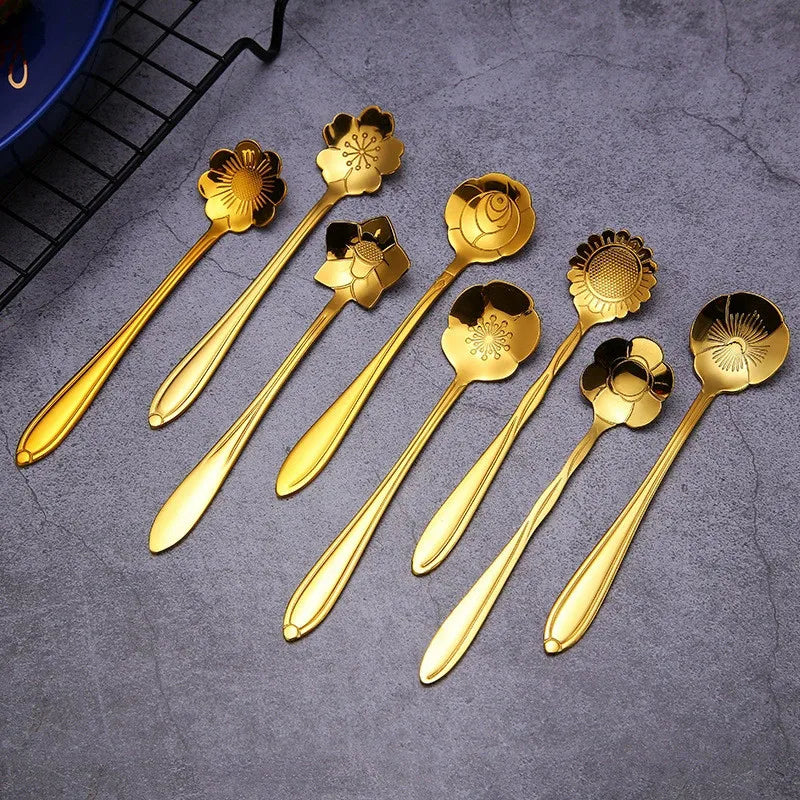 8 peças de aço inoxidável flor de cereja rosa colher de café colher de ouro presentes cozinha sobremesa chá acessórios talheres conjunto de decoração