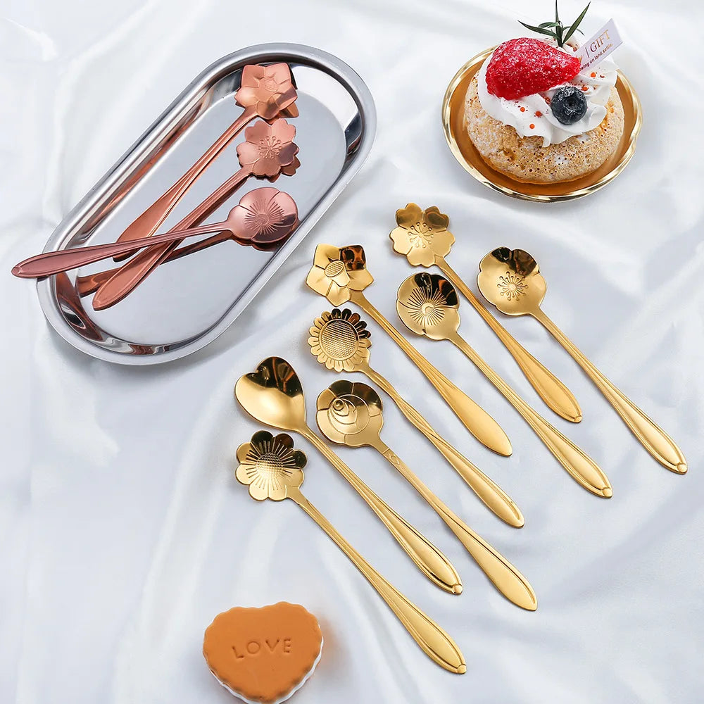 8 peças de aço inoxidável flor de cereja rosa colher de café colher de ouro presentes cozinha sobremesa chá acessórios talheres conjunto de decoração