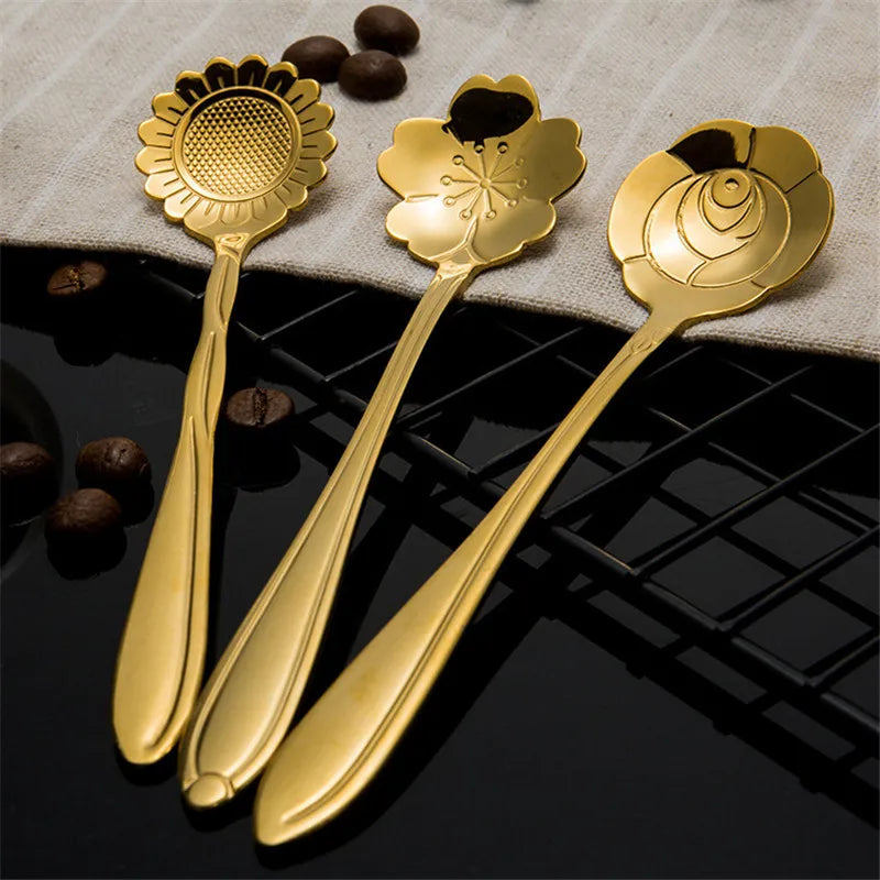 8 peças de aço inoxidável flor de cereja rosa colher de café colher de ouro presentes cozinha sobremesa chá acessórios talheres conjunto de decoração