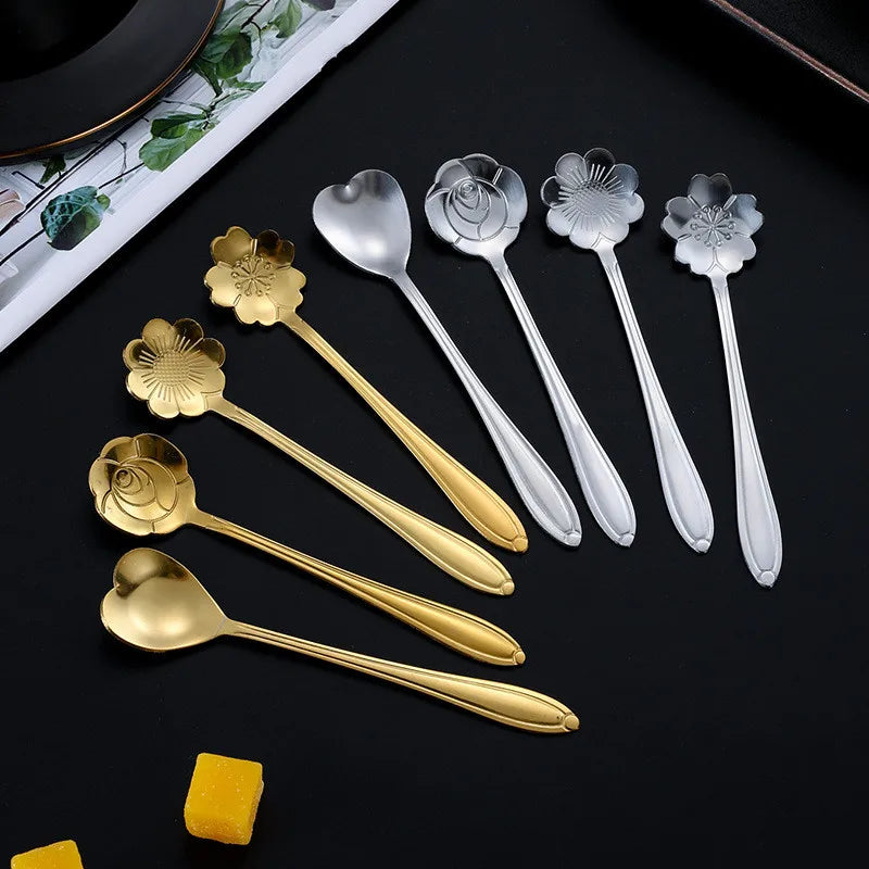 8 peças de aço inoxidável flor de cereja rosa colher de café colher de ouro presentes cozinha sobremesa chá acessórios talheres conjunto de decoração