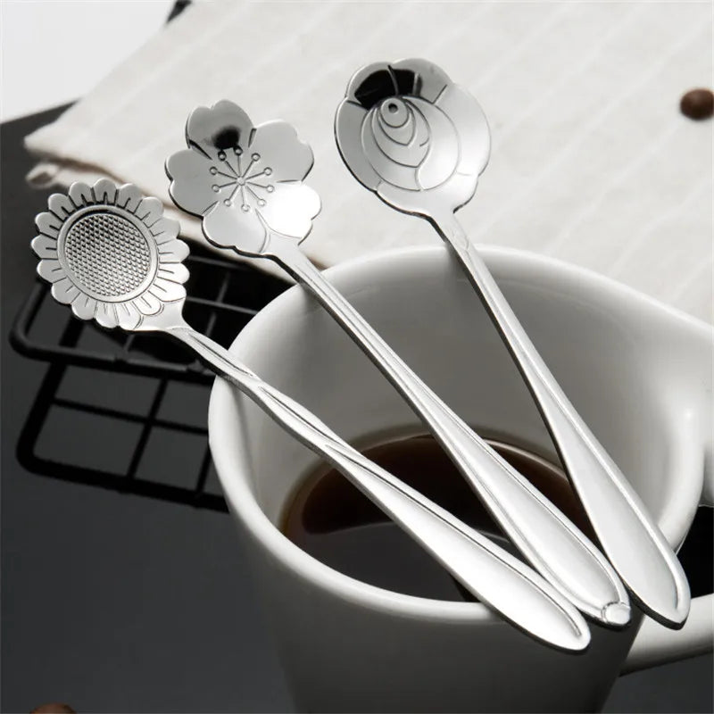 8 peças de aço inoxidável flor de cereja rosa colher de café colher de ouro presentes cozinha sobremesa chá acessórios talheres conjunto de decoração