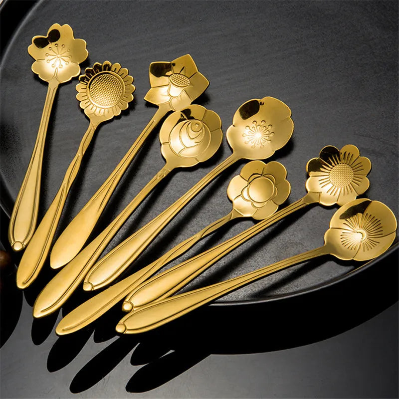8 peças de aço inoxidável flor de cereja rosa colher de café colher de ouro presentes cozinha sobremesa chá acessórios talheres conjunto de decoração
