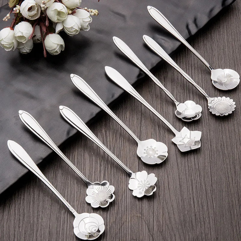 8 peças de aço inoxidável flor de cereja rosa colher de café colher de ouro presentes cozinha sobremesa chá acessórios talheres conjunto de decoração