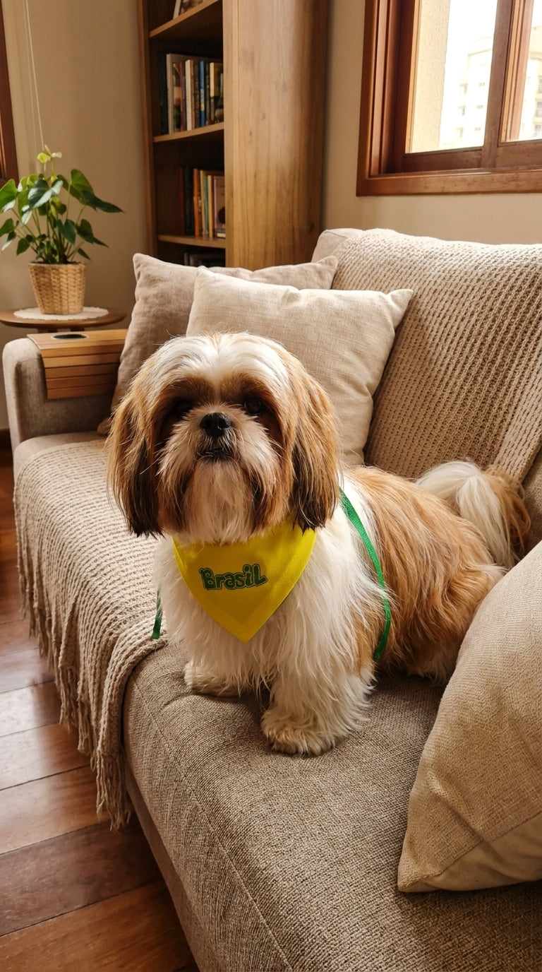 Bandana pet Brasil amarela bordada modelo Bordado Soft para cachorro e gato