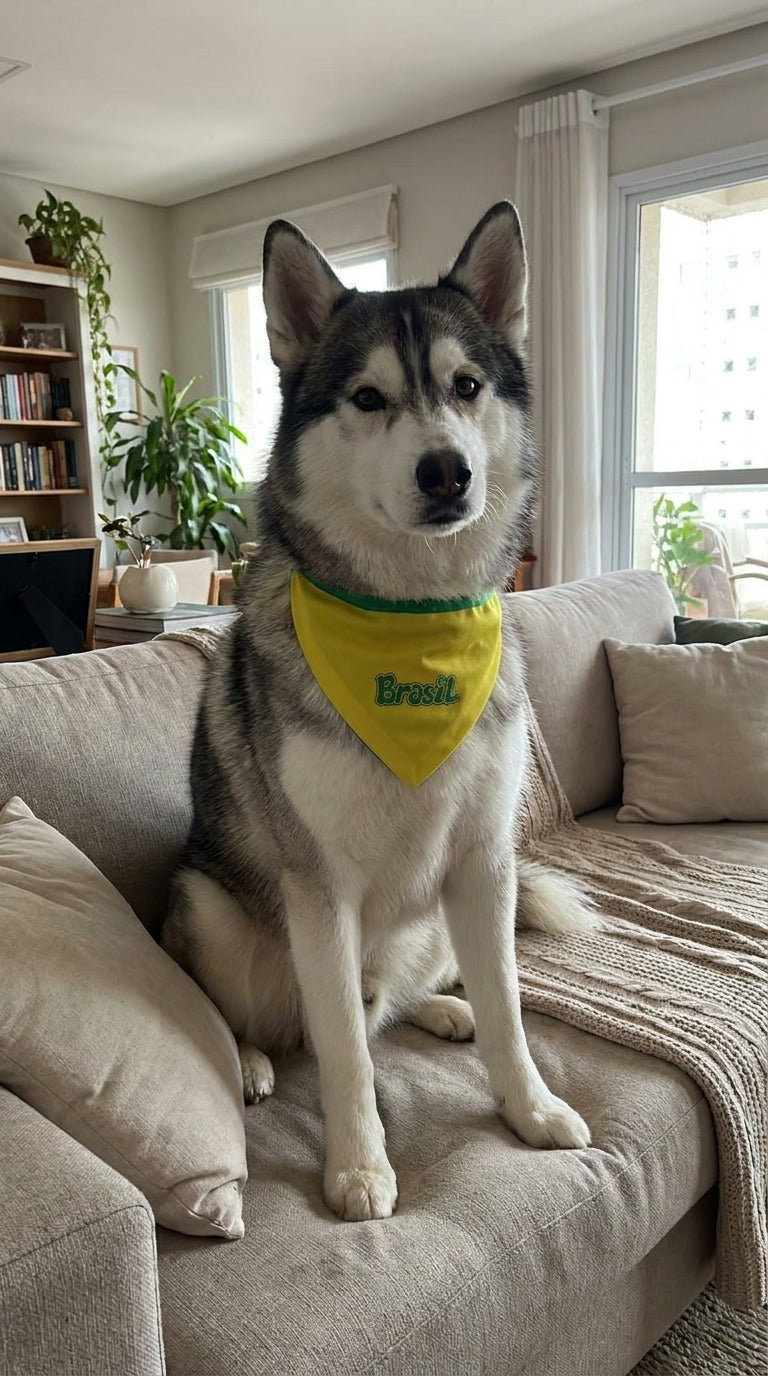Bandana pet Brasil amarela bordada modelo Bordado Soft para cachorro e gato