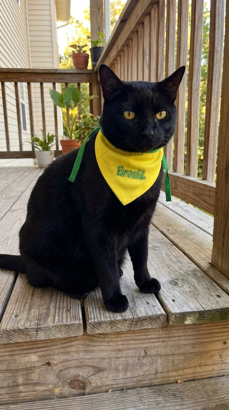 Bandana pet Brasil amarela bordada modelo Bordado Soft para cachorro e gato