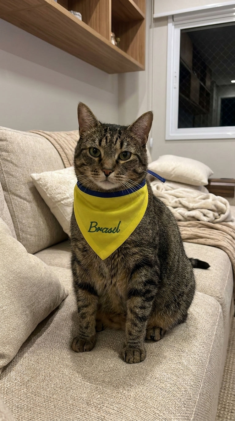Bandana pet Brasil amarela bordada modelo Brasil Raiz para cachorro e gato