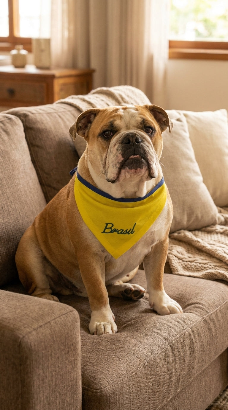 Bandana pet Brasil amarela bordada modelo Brasil Raiz para cachorro e gato
