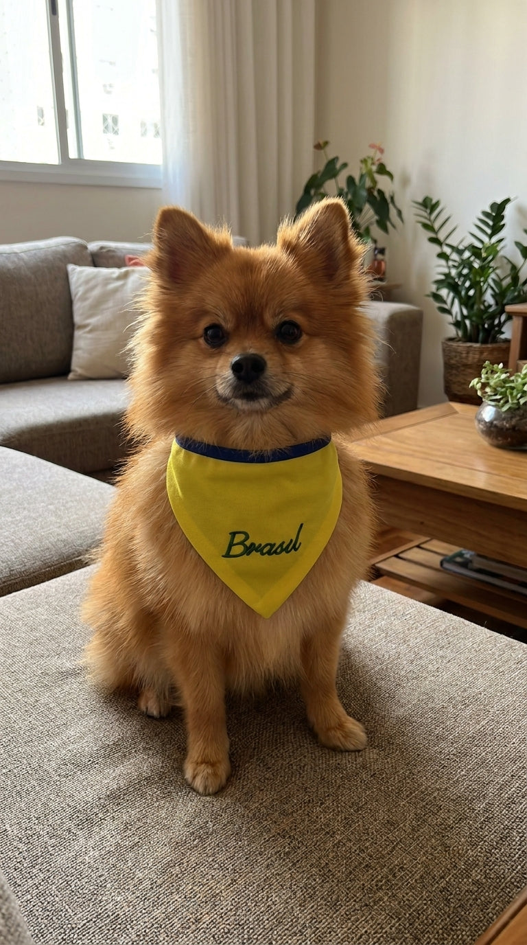 Bandana pet Brasil amarela bordada modelo Brasil Raiz para cachorro e gato