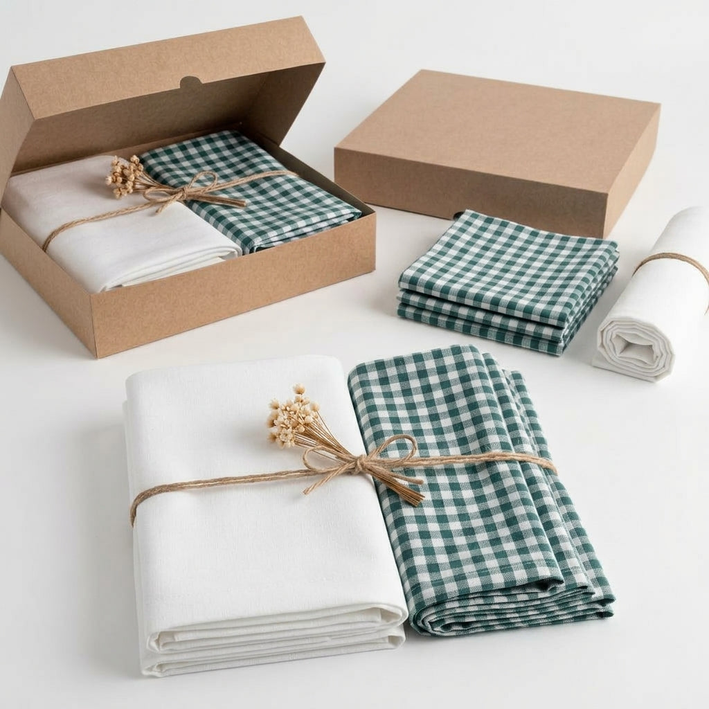 Caminho de mesa branco com babado decorativo e guardanapos xadrez para decoração de cozinha e sala de jantar.