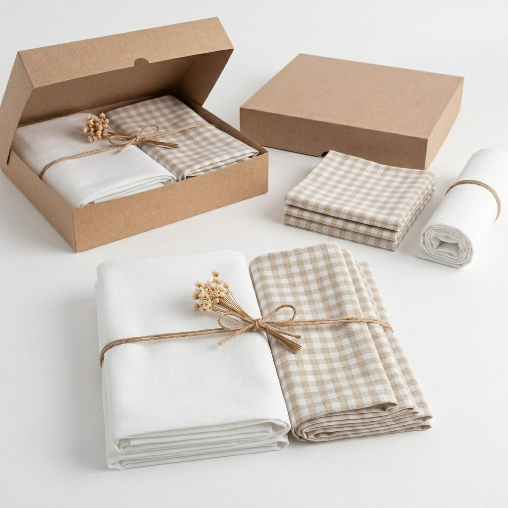 Caminho de mesa branco com babado decorativo e guardanapos xadrez para decoração de cozinha e sala de jantar.
