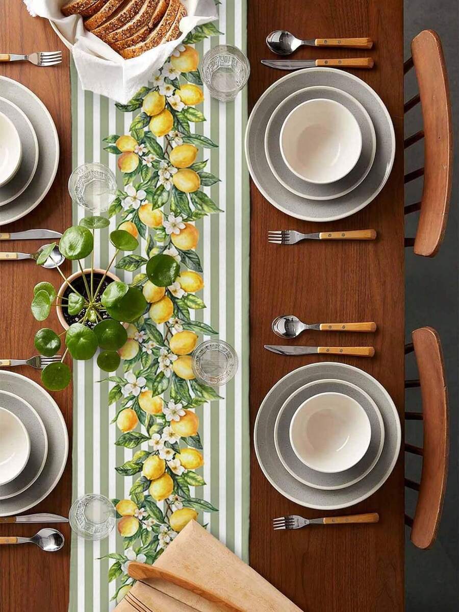 Caminho de mesa decorativo com impressão digital de limões sicilianos para mesa posta.