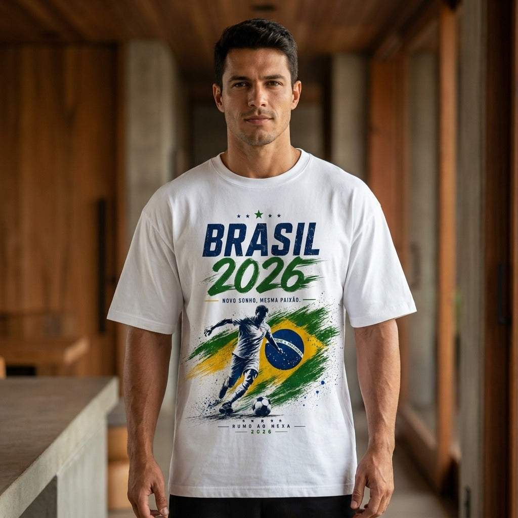 Camiseta masculina branca Brasil 2026 coleção Brasil na Copa
