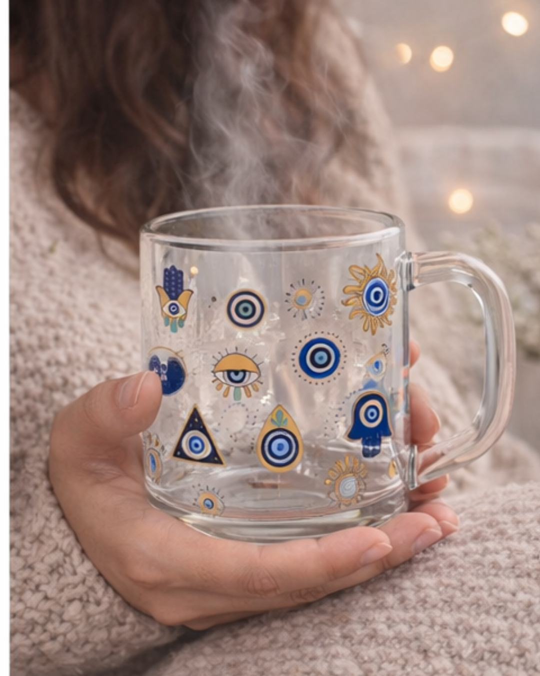 Caneca Olhos Gregos | Vidro Decorativo com Símbolos de Proteção - Doca Express