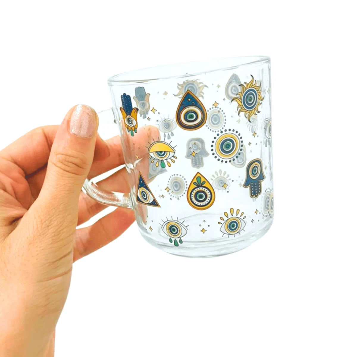 Caneca Olhos Gregos | Vidro Decorativo com Símbolos de Proteção - Doca Express