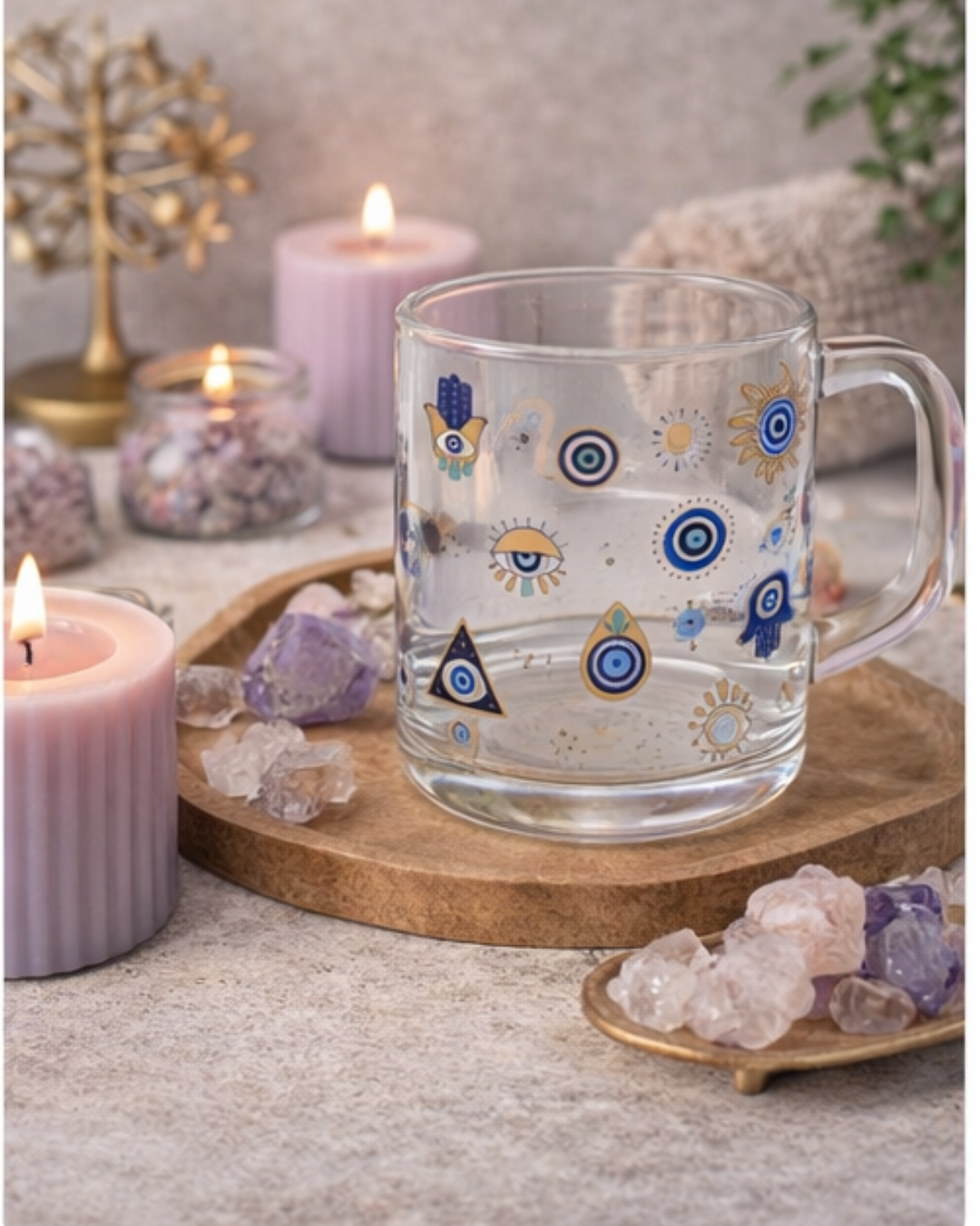 Caneca Olhos Gregos | Vidro Decorativo com Símbolos de Proteção - Doca Express