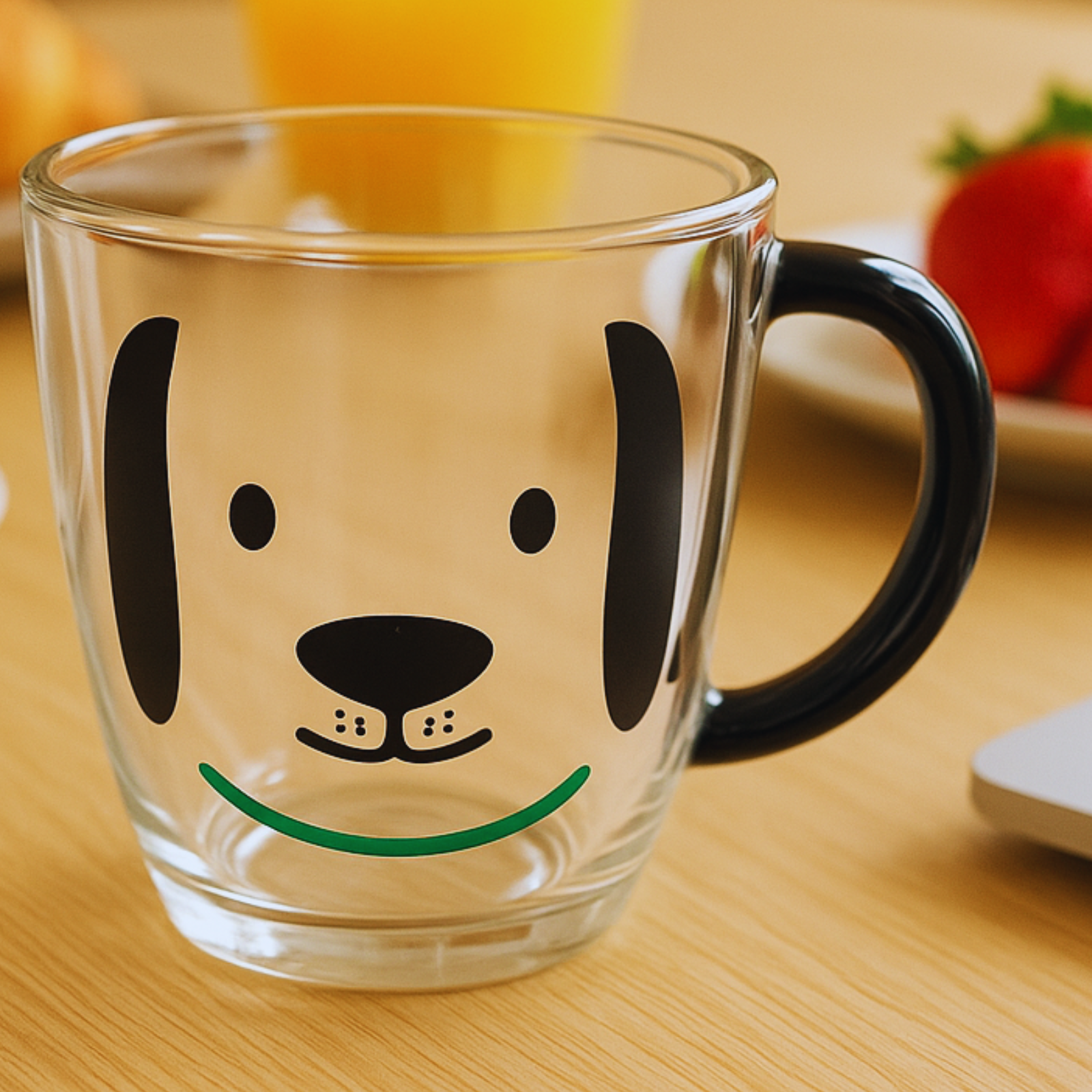 Caneca de Vidro Transparente com Estampa de Cachorro – Alça Preta – 300ml – Caneca Divertida, Criativa e Decorativa para Café, Chá e Presentes