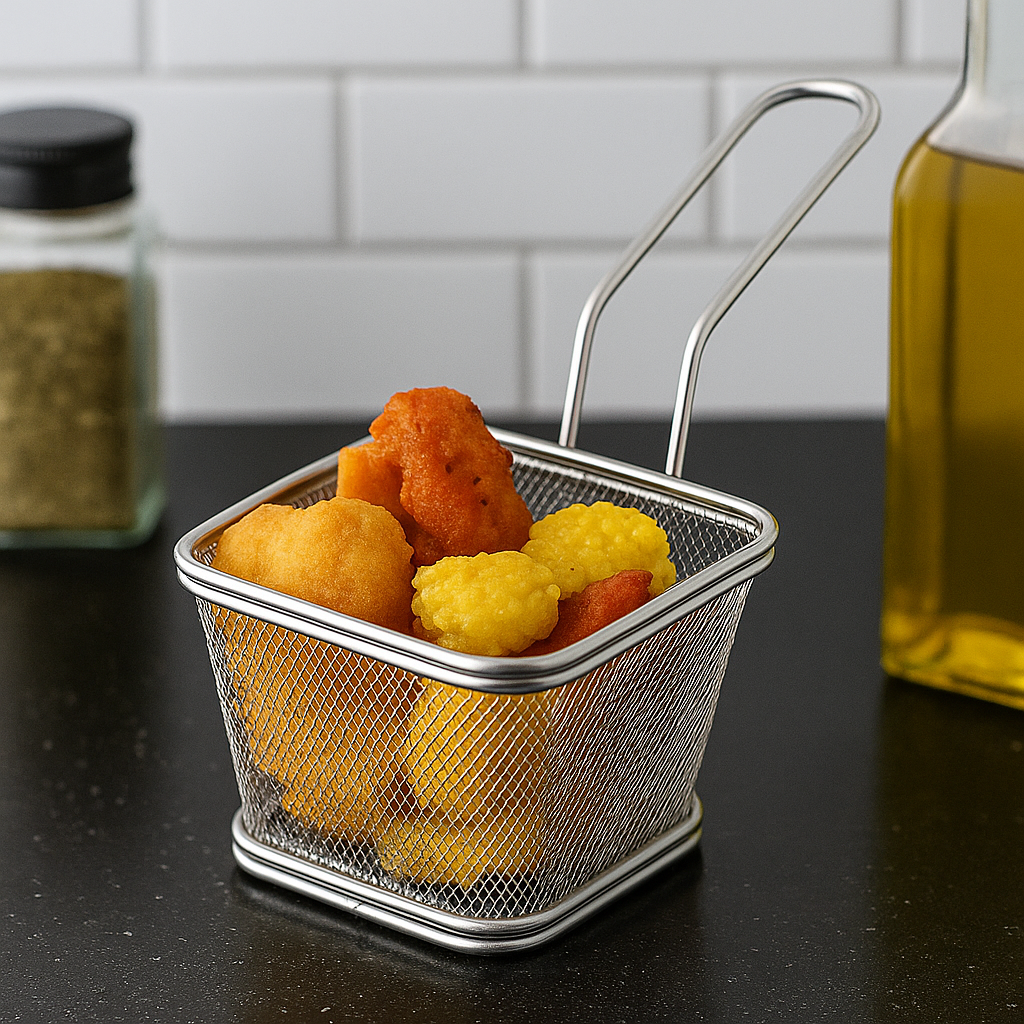 Cestinha de Fritura em Aço Inox 11×13×8cm | Mini Cesta Gourmet para Porções – Batata Frita - Frango - Legumes - Doca Express