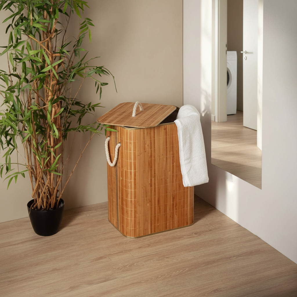 Cesto de Bambu com Tampa para Roupas 40x30x50cm | Organizador Natural Lavanderia e Banheiro | Doca Express