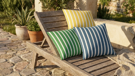 Coleção Mediterrâneo Doca Express com capas de almofada decorativas nas cores azul, verde e amarelo.