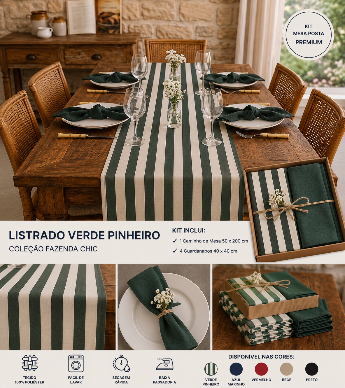 Conjunto decorativo xadrez verde para festas juninas, jantares e reuniões familiares.