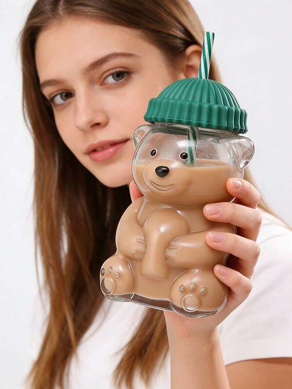 Copo de Vidro Urso com Canudo 600ml