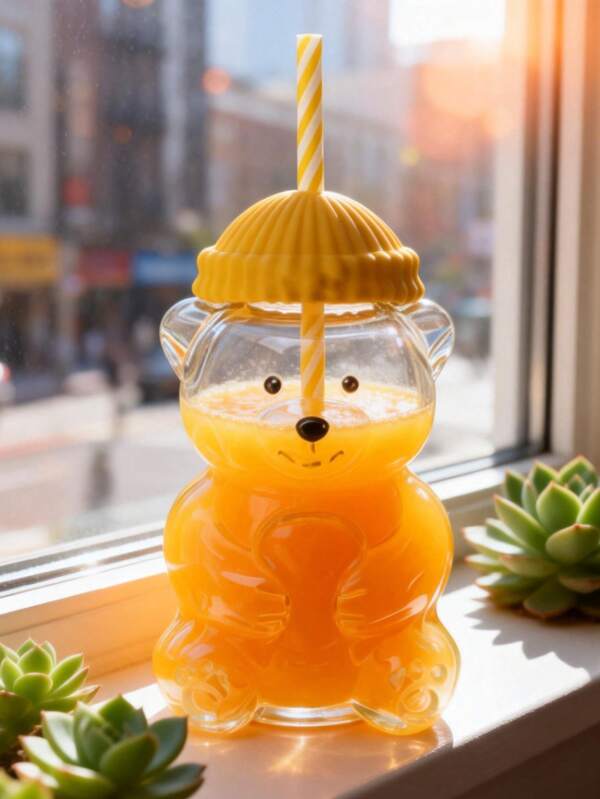 Copo de Vidro Urso com Canudo 600ml