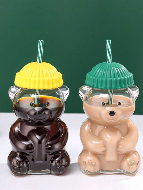 Copo de Vidro Urso com Canudo 600ml