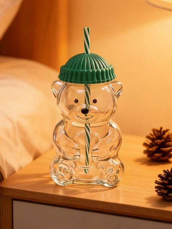 Copo de Vidro Urso com Canudo 600ml