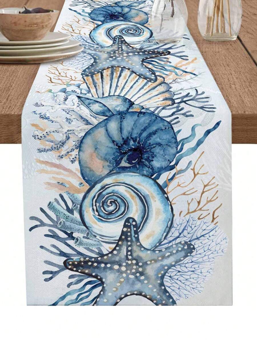 Corredor de mesa premium com estampa náutica em tons de azul decorando mesa posta elegante.