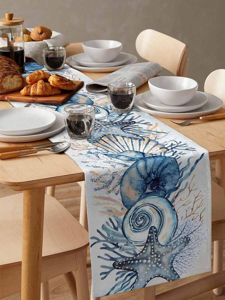 Corredor de mesa 50x200 cm com tema oceano e decoração náutica para sala de jantar.