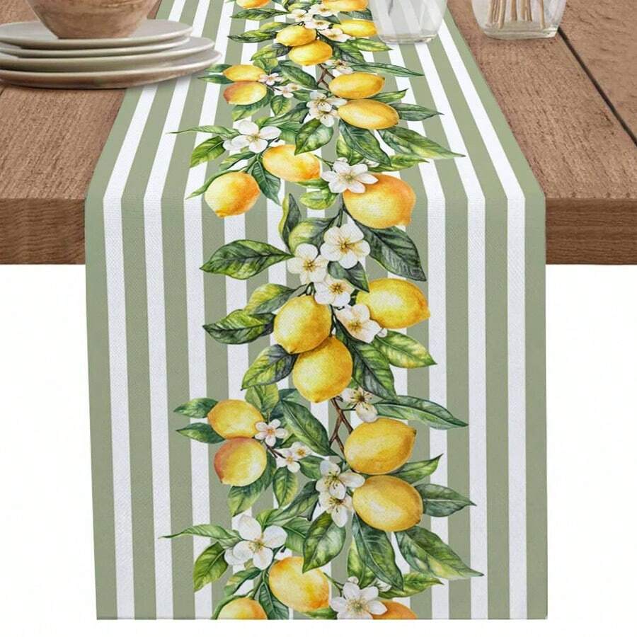 Corredor de mesa premium com estampa de limões sicilianos e listras verdes decorativas.