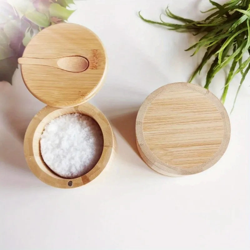 Cozinha -  Porta-Tempero de Bambu com Tampa Giratória e Colher – Natural, Ecológico e Prático