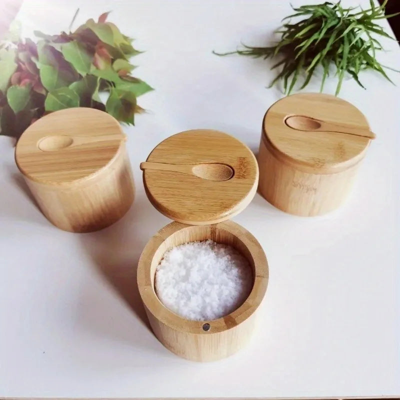 Cozinha -  Porta-Tempero de Bambu com Tampa Giratória e Colher – Natural, Ecológico e Prático