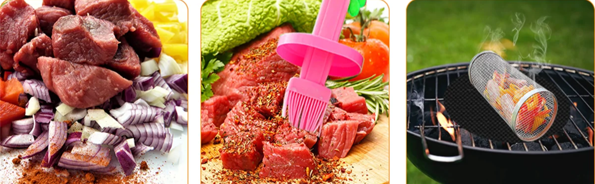 Cozinha Cesta Cilindrica para Churrasco de Aço  Inox Grelhar Malha de Arame Portátil Suporte Churrasco