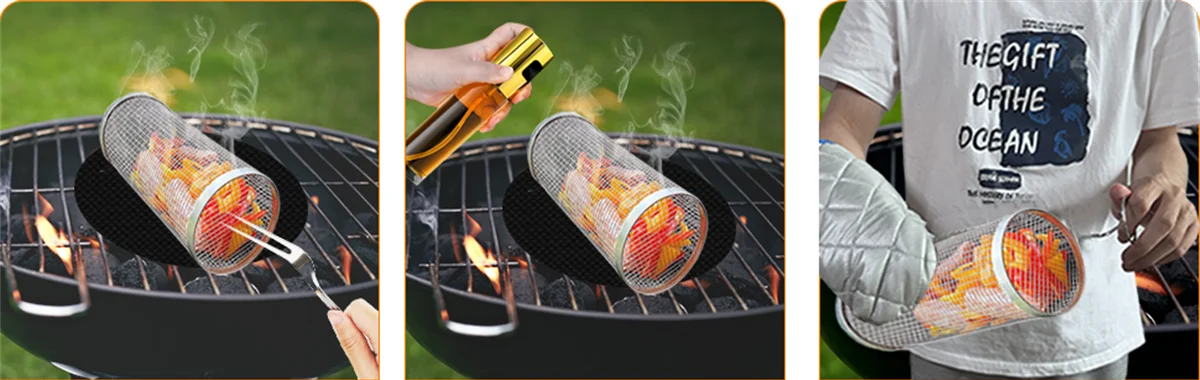 Cozinha Cesta Cilindrica para Churrasco de Aço  Inox Grelhar Malha de Arame Portátil Suporte Churrasco