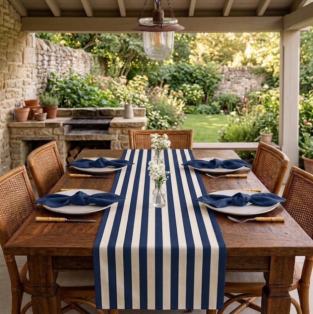 Decoração de Mesa Estilo Mediterrâneo com Caminho de Mesa Listrado Azul Marinho e Off White