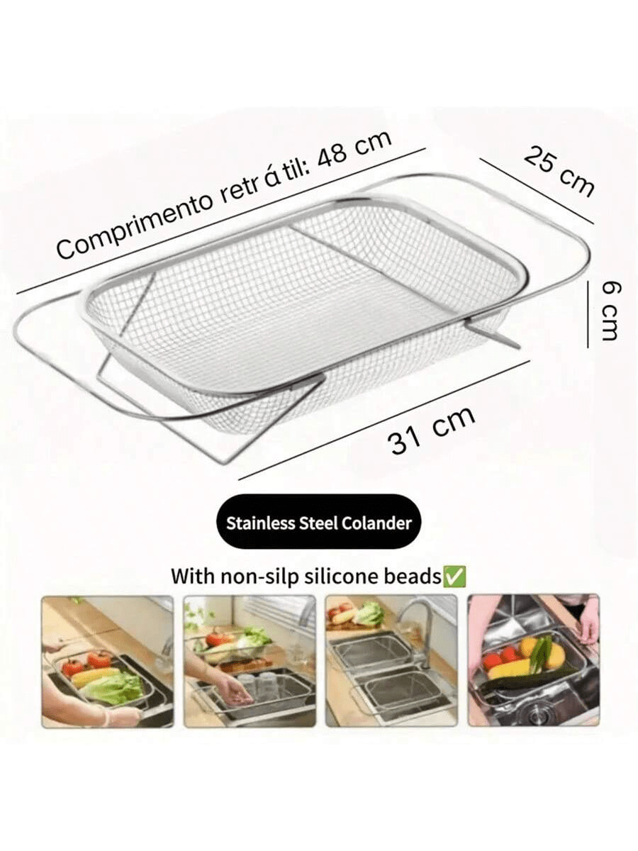 Escorredor Ajustável de Pia em Aço Inox - Rack Extensível para Secar Pratos, Frutas e Legumes - Doca Express Utilidades