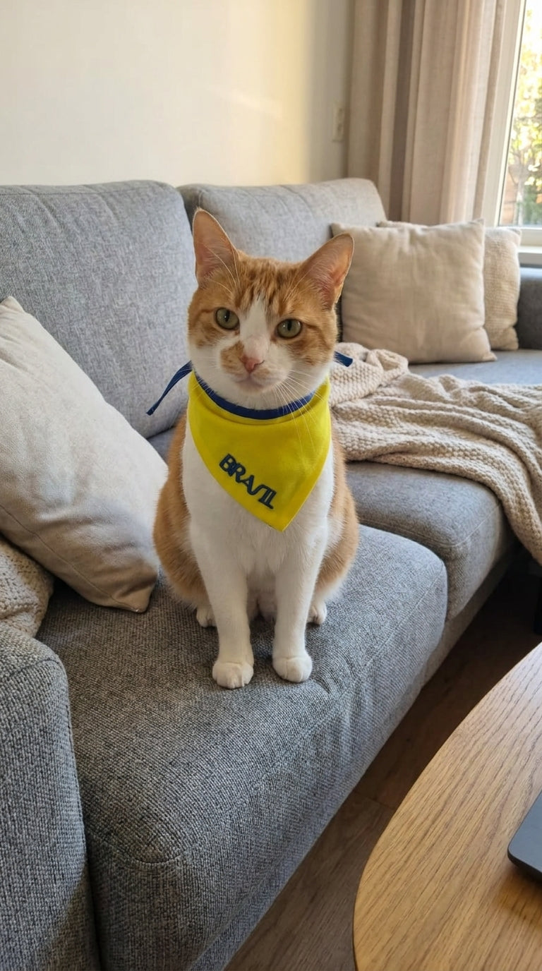 Bandana Pet Brasil Amarela com Detalhe Azul Bordada Modelo Azul Esportivo – Tamanhos P, M e G | Doca Express